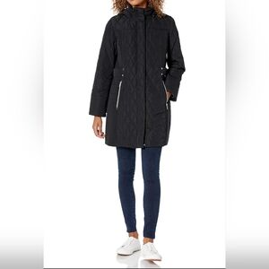 NWT Jones New York Quilted Zip Up Jacket With Hood & Silver Accents Size Large